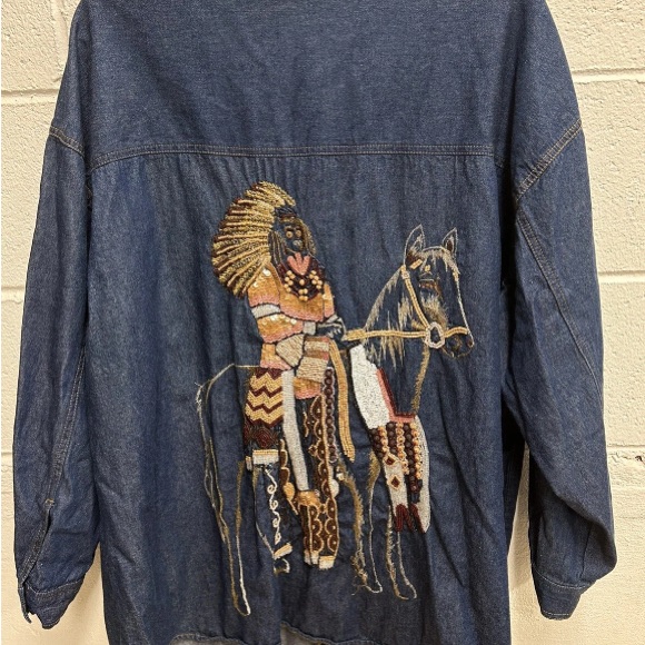 Embellished Beaded Denim Shirt/Light Jacket Native American Head Dress Horse